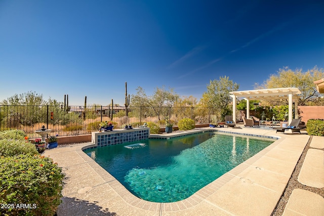 view of pool featuring a patio, a fenced backyard, a fenced in pool, and a pergola