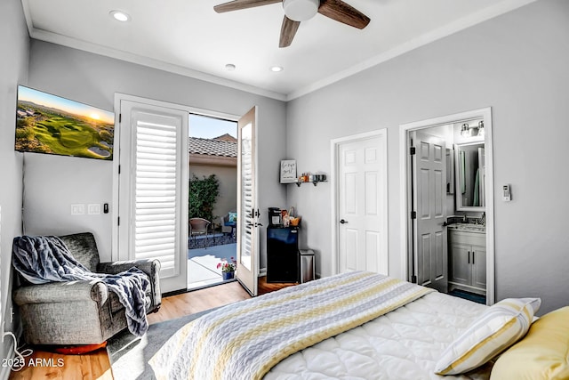 bedroom with ensuite bath, ceiling fan, light hardwood / wood-style flooring, access to outside, and multiple windows