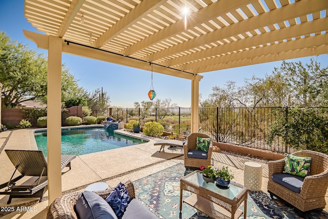 view of patio with a fenced in pool, a fenced backyard, and a pergola