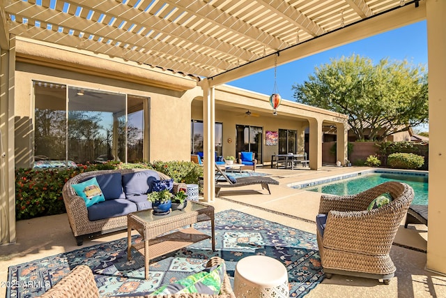 view of patio with a pergola, an outdoor hangout area, and a fenced in pool