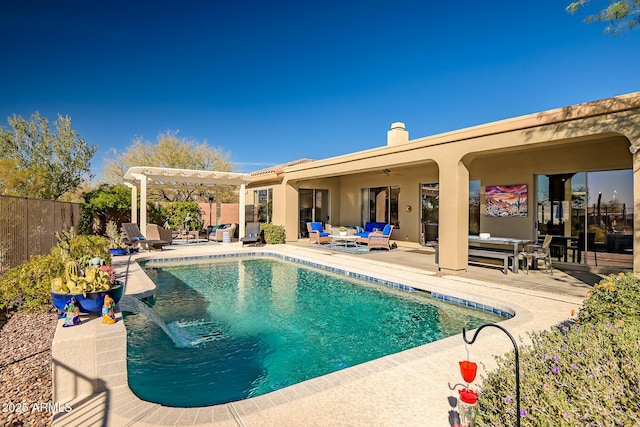 view of pool with a fenced in pool, outdoor lounge area, a patio area, fence, and a pergola