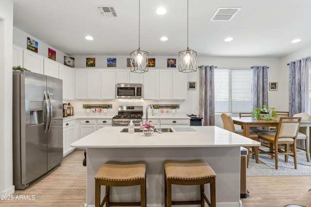 kitchen with white cabinetry, decorative light fixtures, a center island with sink, stainless steel appliances, and light hardwood / wood-style floors