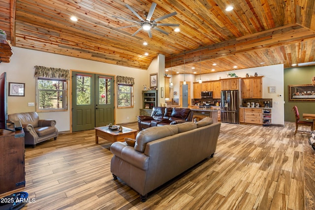 2352 Immelman Cir, Overgaard, AZ 85933 - living room featuring wood ceiling, ceiling fan, light wood-style floors, and recessed lighting