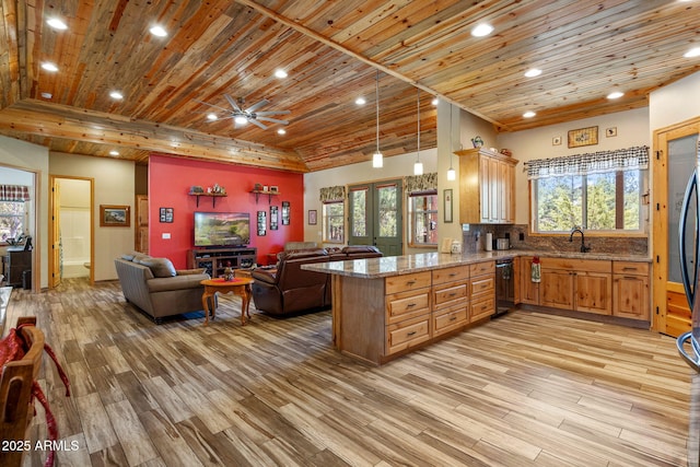 2352 Immelman Cir, Overgaard, AZ 85933 - kitchen with wood ceiling, open floor plan, black dishwasher, a peninsula, and recessed lighting