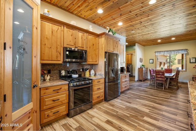 2352 Immelman Cir, Overgaard, AZ 85933 - kitchen featuring stainless steel appliances, wood ceiling, light wood-style flooring, recessed lighting, and tasteful backsplash