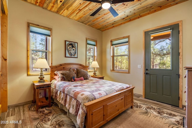 2352 Immelman Cir, Overgaard, AZ 85933 - bedroom featuring multiple windows, wood ceiling, light wood-type flooring, a ceiling fan, and baseboards