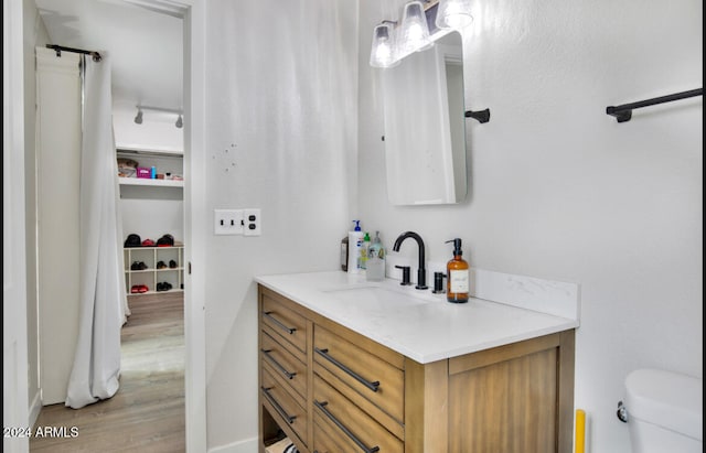 bathroom featuring vanity, toilet, and wood-type flooring