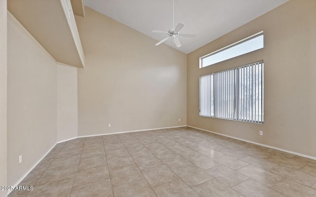 6923 W Laredo St, Chandler, AZ 85226 - empty room featuring high vaulted ceiling, a ceiling fan, and light tile patterned floors