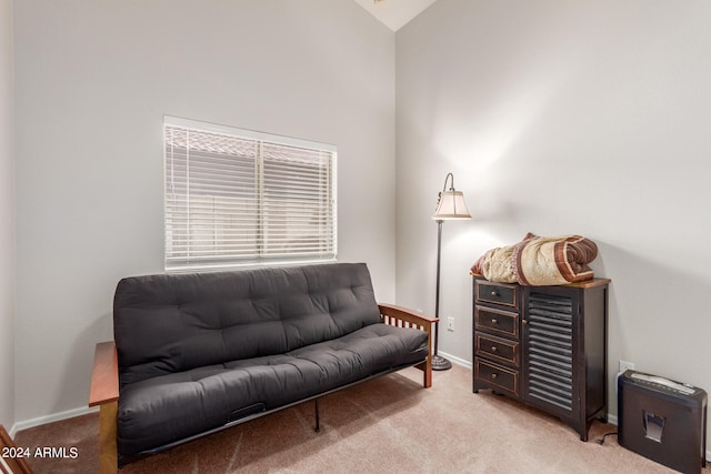 living area featuring high vaulted ceiling and light colored carpet