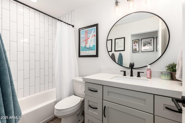 bathroom featuring shower / bathtub combination with curtain, toilet, and vanity