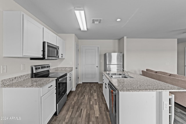 kitchen with sink, white cabinetry, stainless steel appliances, dark hardwood / wood-style floors, and light stone countertops