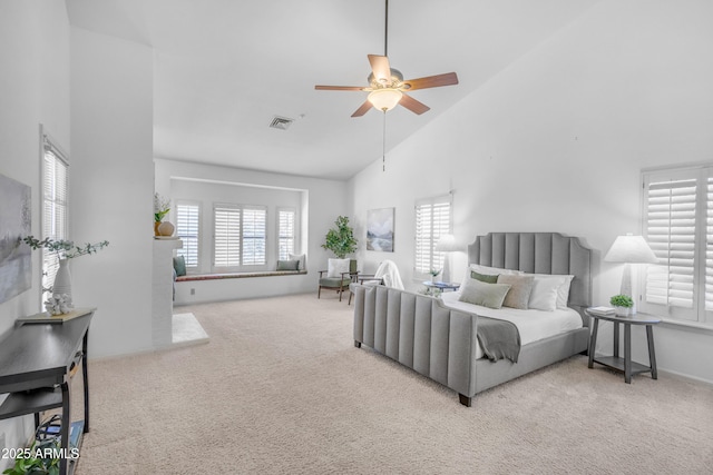 12605 E Kalil Dr, Scottsdale, AZ 85259 - carpeted bedroom with high vaulted ceiling and ceiling fan