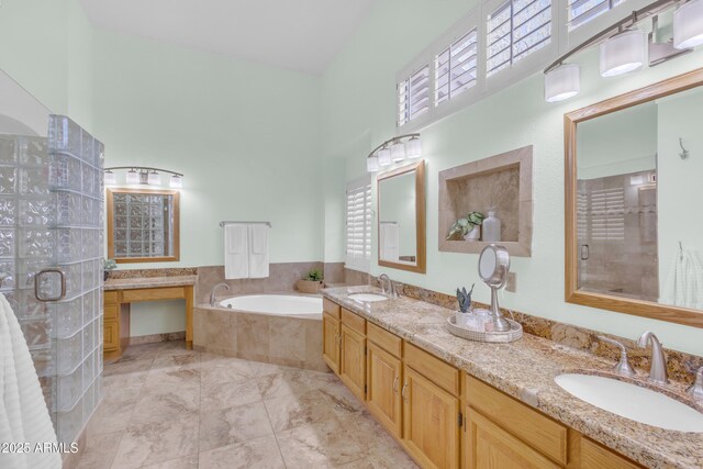 12605 E Kalil Dr, Scottsdale, AZ 85259 - bathroom with double vanity, a shower stall, a garden tub, and a towering ceiling