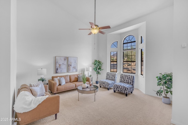 12605 E Kalil Dr, Scottsdale, AZ 85259 - living room featuring a high ceiling, carpet, and ceiling fan