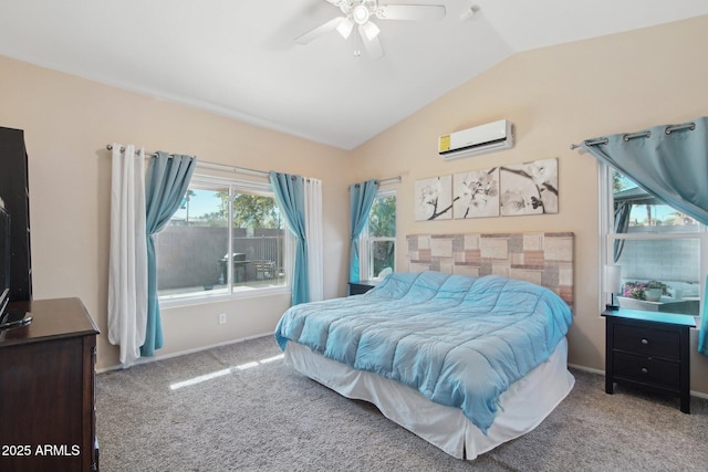 bedroom featuring ceiling fan, vaulted ceiling, a wall mounted air conditioner, and light colored carpet