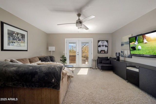 bedroom with french doors, a ceiling fan, and access to outside