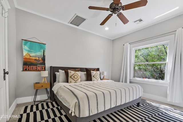 bedroom featuring carpet flooring, baseboards, and visible vents