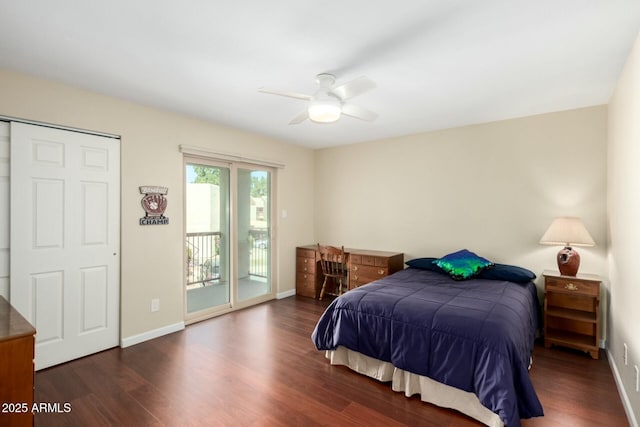 bedroom with access to exterior, ceiling fan, baseboards, and wood finished floors