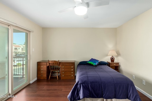 bedroom with access to exterior, baseboards, and wood finished floors