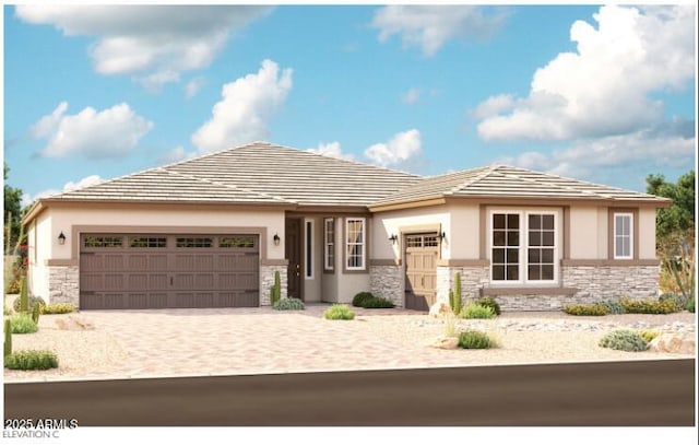 20274 W Monterey Way, Buckeye, AZ 85396 - prairie-style home with stone siding, stucco siding, and an attached garage