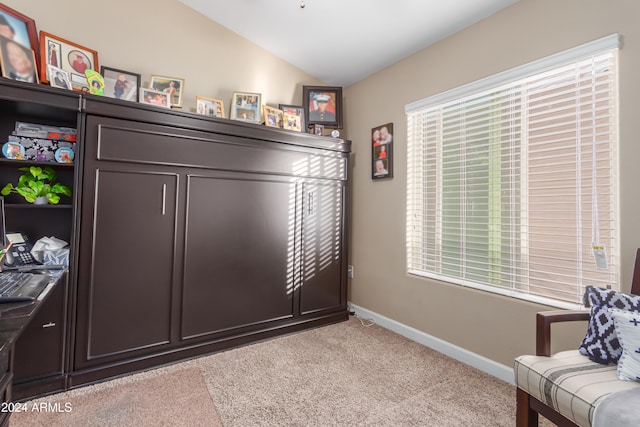 living area with vaulted ceiling and light carpet