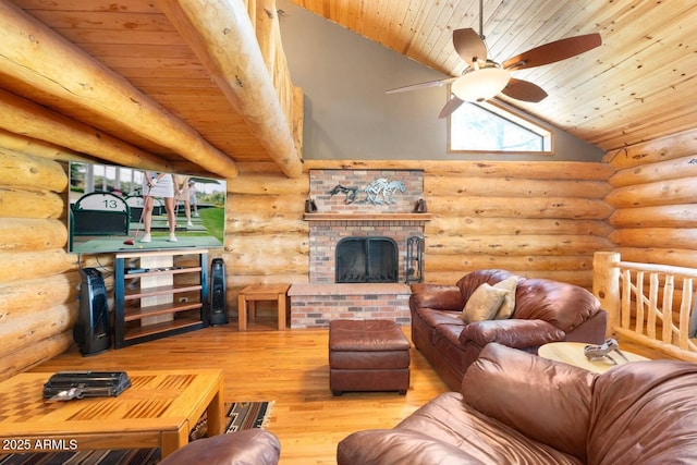 living area with wooden ceiling, rustic walls, wood finished floors, vaulted ceiling, and ceiling fan