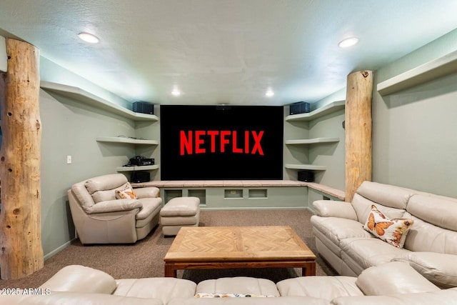 living room with baseboards, recessed lighting, and carpet