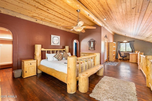 bedroom featuring wooden ceiling, dark wood-style floors, vaulted ceiling, and arched walkways