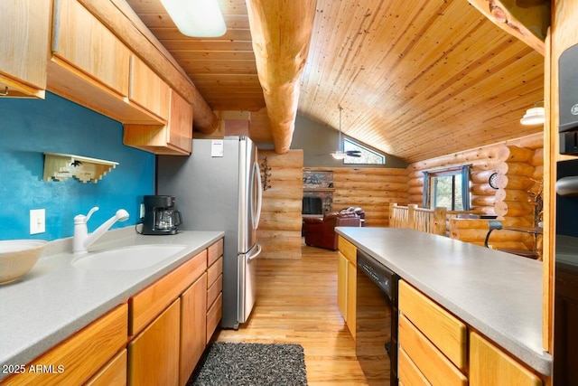 kitchen featuring rustic walls, a sink, wooden ceiling, light wood-type flooring, and black dishwasher
