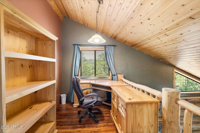 office area featuring dark wood finished floors, a wealth of natural light, lofted ceiling, and wood ceiling