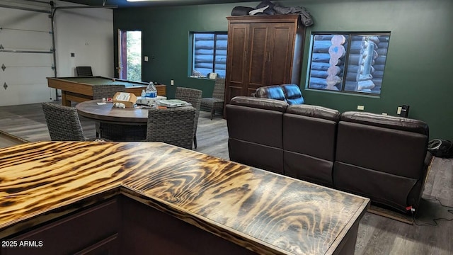 interior space featuring wood finished floors and pool table