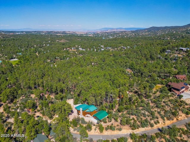 drone / aerial view featuring a mountain view and a wooded view