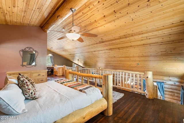 bedroom with hardwood / wood-style floors, vaulted ceiling with beams, rustic walls, and wood ceiling