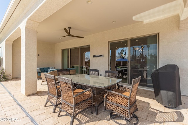 view of patio featuring ceiling fan and an outdoor hangout area