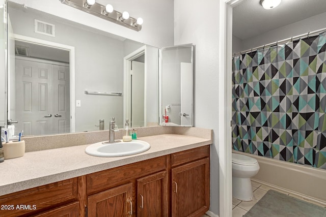 bathroom featuring vanity, shower / bath combo, tile patterned flooring, toilet, and visible vents