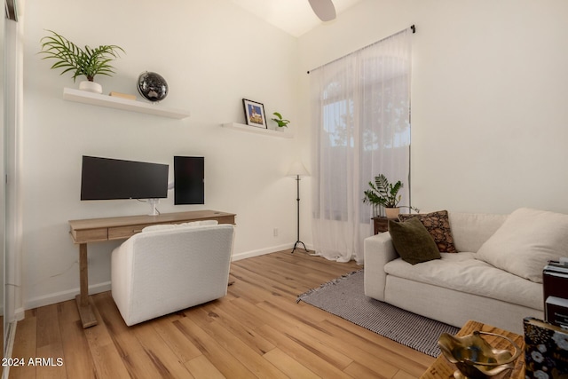 office space featuring ceiling fan and light wood-type flooring