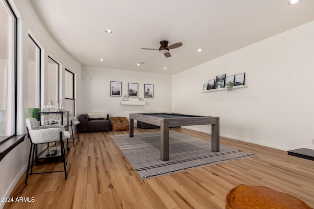 playroom featuring pool table, ceiling fan, and light hardwood / wood-style flooring