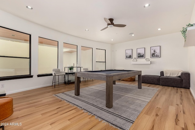 rec room featuring ceiling fan, pool table, and light wood-type flooring