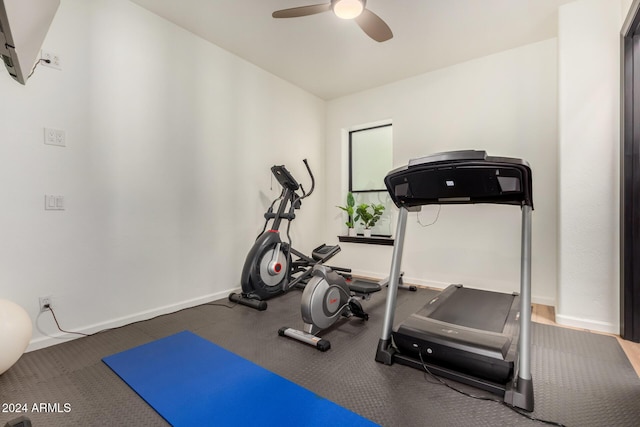 workout room featuring ceiling fan