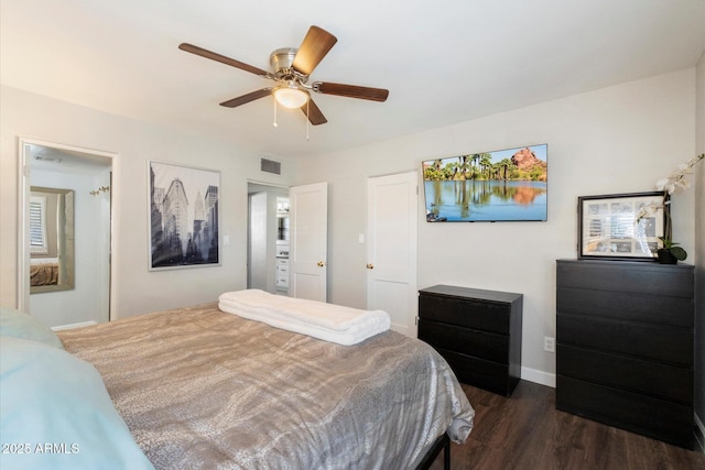 bedroom featuring ceiling fan and dark hardwood / wood-style flooring