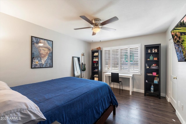 bedroom featuring ceiling fan and dark hardwood / wood-style floors