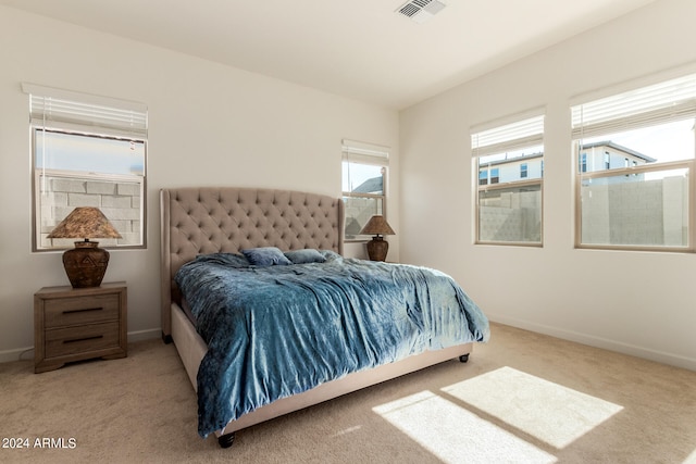 bedroom with light colored carpet