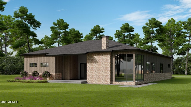 4165 W Forest Ct, Pine, AZ 85544 - rear view of property featuring stone siding, a yard, a chimney, and a shingled roof