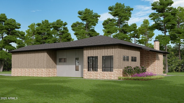 4165 W Forest Ct, Pine, AZ 85544 - view of property exterior featuring stone siding, a chimney, a lawn, and a shingled roof