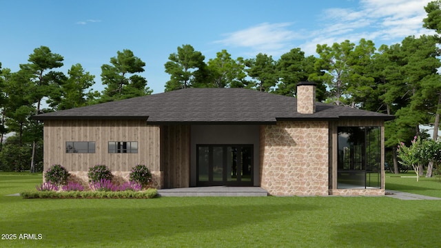4165 W Forest Ct, Pine, AZ 85544 - back of property with a chimney, a lawn, stone siding, a shingled roof, and french doors