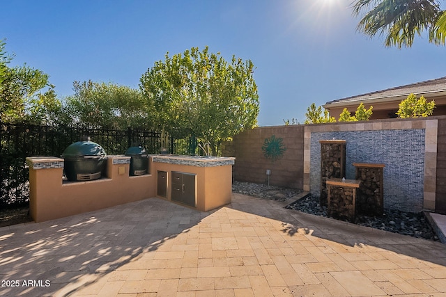 view of patio with area for grilling and a grill