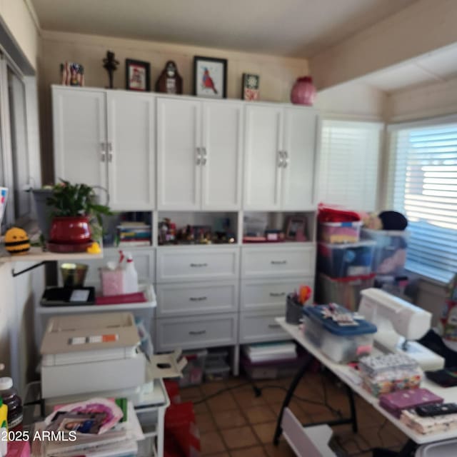 home office with tile patterned floors