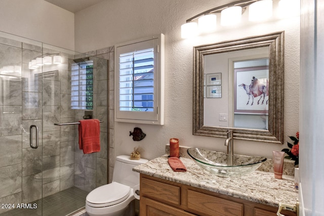 bathroom featuring toilet, vanity, and walk in shower