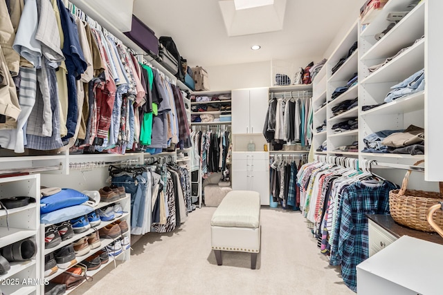 spacious closet featuring light carpet and a skylight