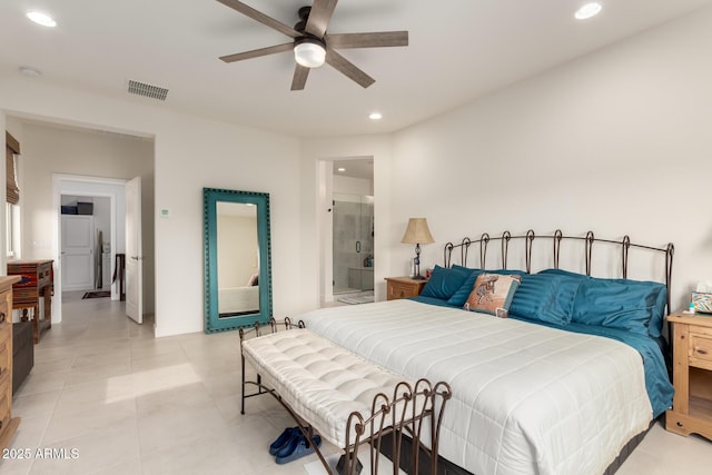 10545 E Texas Ave, Mesa, AZ 85212 - bedroom featuring recessed lighting, light tile patterned flooring, baseboards, connected bathroom, and ceiling fan
